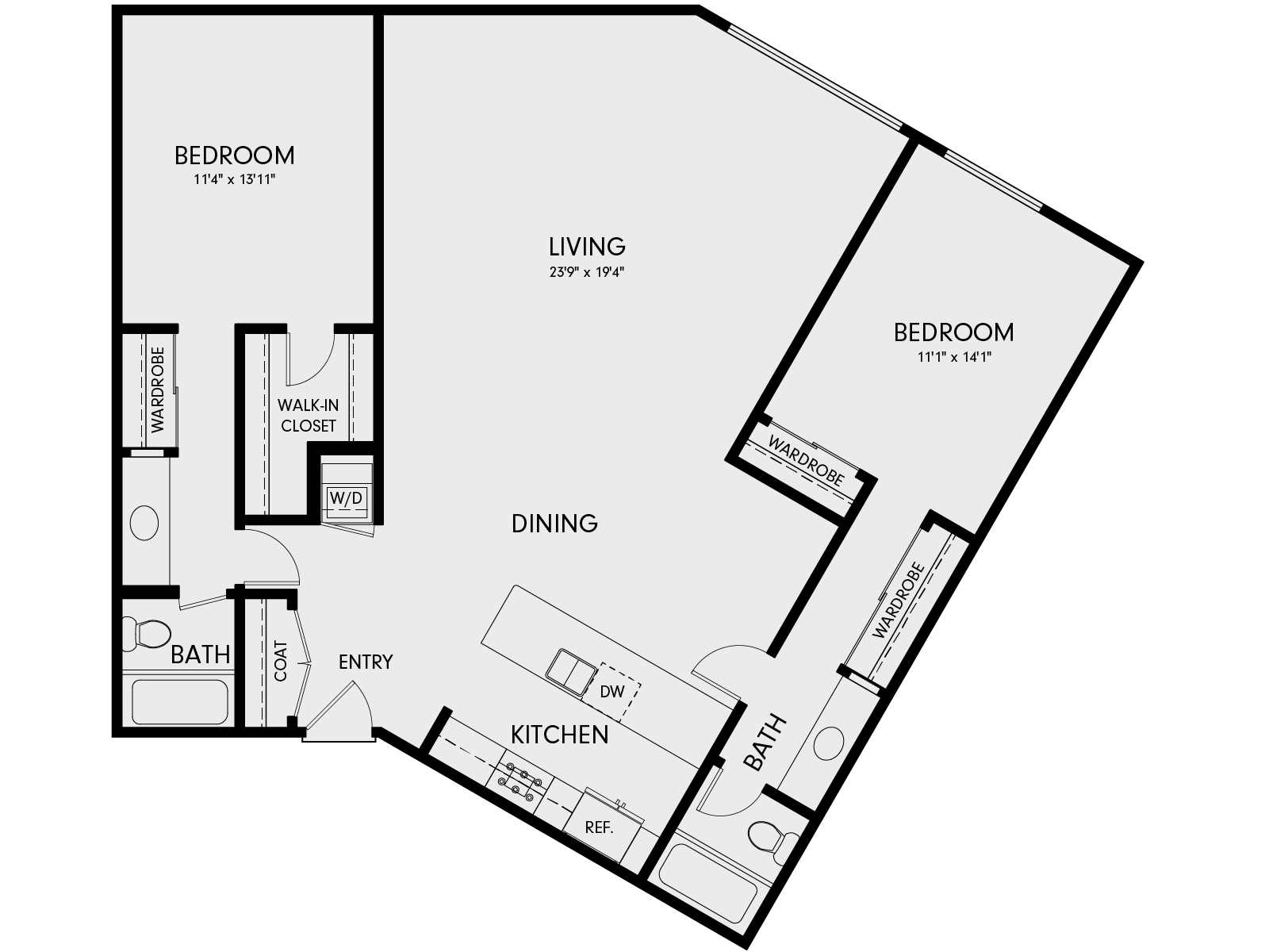 Floor plan for 2 beds, 2 baths, 1386 sqft